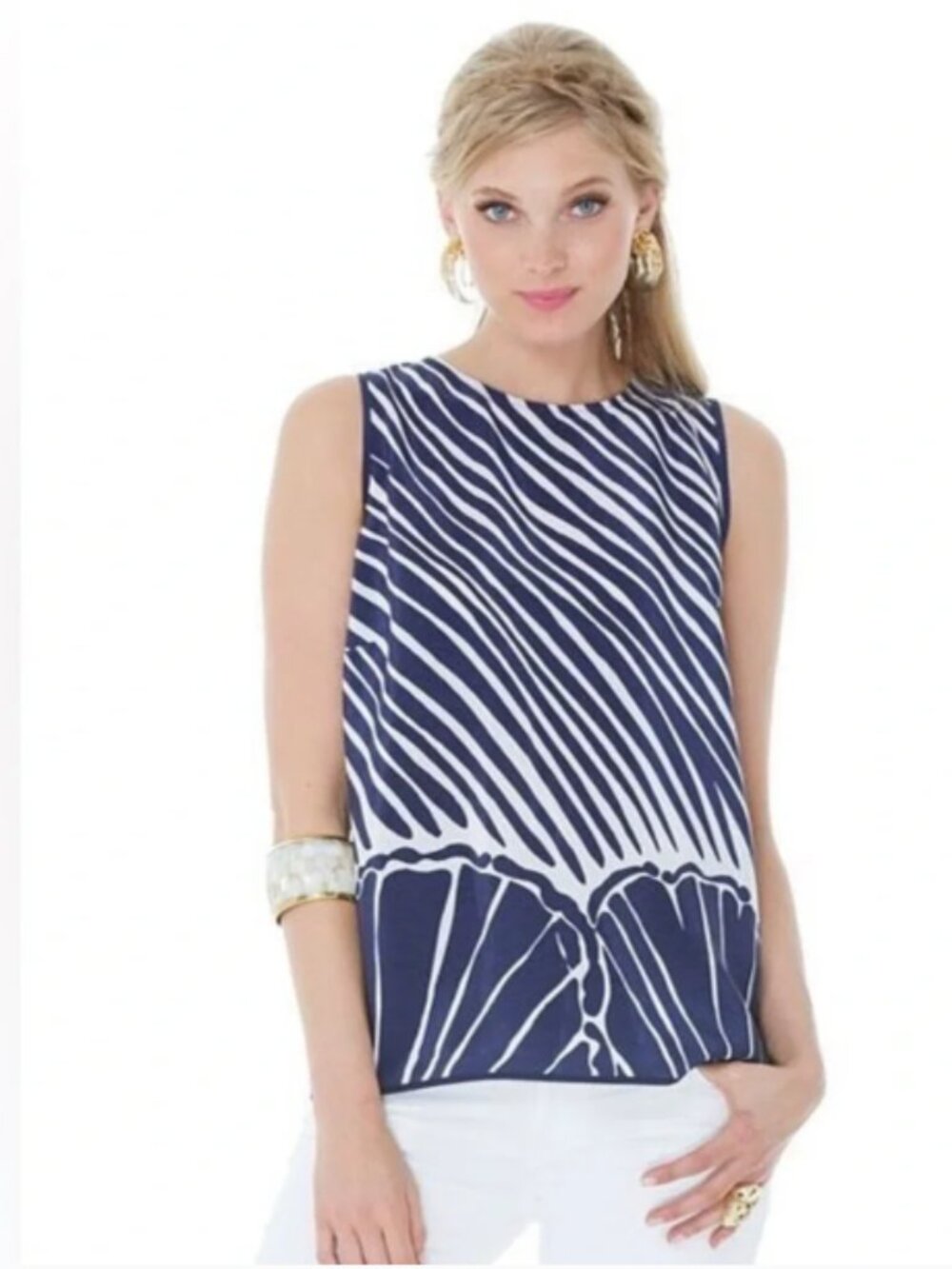 Lilly Pulitzer Silk Iona Shell Shimmy Sleeveless Blouse Top Striped Navy Blue Me